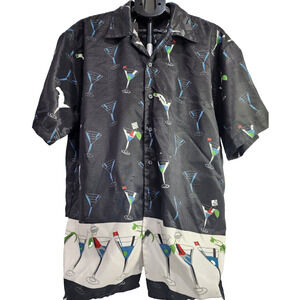 Cocktail Themed Full Button Down Graphic Short Sleeve Shirt by Ferugini, Size XL